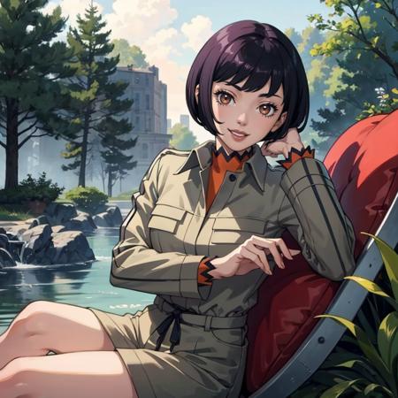 masterpiece, best quality, 1girl, solo, looking at viewer, smile, <lora:Eriko:1>, erikop2, uniform, short hair, sitting, outside