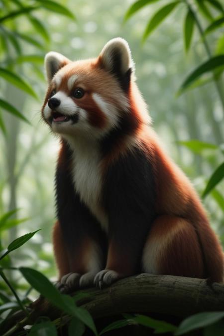 A stunning wildlife photograph capturing a cute and adorable red panda in its natural habitat, nestled among the dense bamboo forests of the Himalayas. The red panda is shown eating ice cream on a beautiful summer's day, with the scene rendered in highly realistic detail. The lighting is soft, and the colors are vibrant, emphasizing the lush green surroundings and the red panda's excited, happy expression as it enjoys the warm, sunny weather.