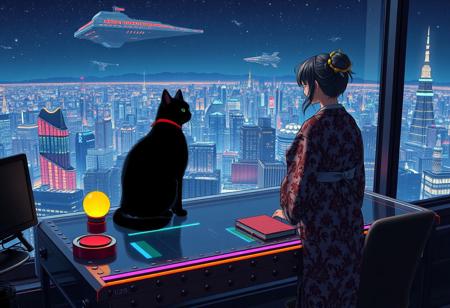 Jiji, the cat from Kiki's Delivery Service sits on a cluttered metal riveted desk with transparent top and rgb led computer components visible inside, On the desk are a maneki neko statue and a lava lamp, Jiji the Black Cat is looking out of a seamless and futuristic floor to ceiling window that looks out at a very high view from an apartment on the 400th floor of a futuristic Tokyo skyscraper, the year is 2250, The city has thousands of enormous wide and tall futuristic skyscrapers and space ships covered with lights in the sky, (((Kiki from Kiki's Delivery Service, 24 years old, is standing behind the desk looking out at the enormous city at night next to Jiji, filled with buildings of many shapes and sizes, some over a mile tall))), Kiki is dressed in an ornate Japanese style bath robe. An enormous deco starship with futuristic lighting and design is visible high above the city, and a space station is visible in the background among the stars, The woman's hair is messy from just waking up and tied up with a ribbon. Artistic cyberpunk, dynamic perspective, The focus is on Jiji and Kiki standing together looking out the window at the view together, (((overall architectural aesthetic is Art Deco Cyberpunk))).  Mt Fuji can be seen in the far distance,