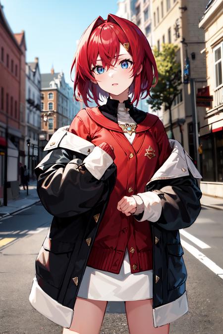 aaange, short hair, hairclip, red cardigan, black coat, off shoulder, sleeves past wrists, open coat, white skirt bbange, short hair, hair bow, hairclip, necklace, sleeveless shirt, white shirt, red jacket, off shoulder, sleeves past wrists, long sleeves, black skirt, high-waist skirt ccange, short hair, hair ornament, earrings, jewelry, frills, lace, bare shoulders, sleeveless dress, red dress ddange, long hair, hairclip, grey shirt, labcoat, open clothes, long sleeves, belt, black skirt, pleated skirt, thigh strap,brown thighhighs eeange, short hair, streaked hair, hat, blue headwear, crown, hairclip, neck ribbon, red ribbon, white jacket, short sleeves, puffy sleeves, blue gloves, blue shorts ffange, short hair, hairclip, earrings, black choker, collarbone, white shirt, black jacket, open clothes, off shoulder, belt, torn pants, jeans
