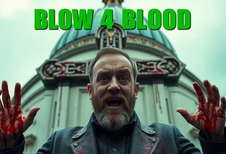 “Posaman, portrayed by Italian actor and comedian Lillo, should be reimagined in a chilling, blood-drenched style, highlighting his exaggerated, quirky poses with an unsettling twist. Using Panavision Prime lenses, capture every detail of his expressive face, short beard, and casual-yet-confident demeanor, now darkened by a sinister edge. In the background, a massive Celtic cross stands ominously against a pastel green dome, both streaked with blood splatters, dripping down in unsettling patterns. His lifelike clothing is soaked with crimson splashes, enhancing the hyper-realistic textures of the scene. Across the top, in huge, bold green font, the words ‘BLOW 4 BLOOD’ stand out, casting an intense, menacing tone over the entire image. His exaggerated, grotesque poses, coated in blood, create a visceral mix of dark humor and horror, amplifying his macabre comedic style with eerie, raw authenticity.”