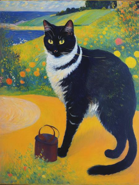 <lyco:PierreBonnard:1.0> person's cat by person on sale artist impressions, in the style of pierre bonnard, black paintings, vibrant airy scenes, tove jansson, oil on canvas, cottagepunk, stanley pinker