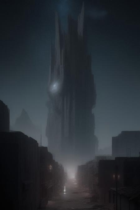 Imaginary Desolate Alien City, Shadowy Atmosphere - Enter the haunting realm of an imaginary, desolate city of extraterrestrial origin, enveloped in a perpetual shadowy atmosphere. The towering alien structures, adorned with intricate and mysterious symbols, loom over the crumbling streets and empty plazas, the weight of their history and the unknown stories they hold bearing down on those who dare to explore them. The sky above is perpetually dark, as if the stars themselves had abandoned this forsaken world, leaving only the flicker of distant lights from neighboring planets as silent reminders of the universe beyond.