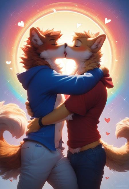 score_9, score_8_up, score_7_up,score_6_up, source_furry, Furry Mix PDXL, furry male, highly detailed, hyperrealistic, extremely fluffy, ,, dynamic pose, beautiful vibrant colors, intricate details, cinematic lighting, photorealistic, 8k, masterpiece  , high quality,F.M PDXL, (((2boys))), thigh up view,  kissing, hooded shirt, pants
 (((by <pochemu>))), Expressiveh, rainbow background, hearts