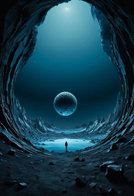 Digital artwork with a dark, surreal style. The layout features a central, large, spherical object resembling a planet or moon, suspended in a cavernous, otherworldly environment. The background is dominated by jagged, abstract formations that appear to be made of ice or rock, with a monochromatic color palette of blues, grays, and blacks. The scene is illuminated by a mysterious light source, casting dramatic shadows and enhancing the eerie atmosphere. There are no people or text present in the image. The overall mood is haunting and enigmatic, evoking a sense of isolation and wonder.