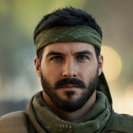 cinematic film still of Frank Woods a man with a beard and a military green bandana on staring at camera with blur background,modern warfare style,solo,looking at viewer,blue eyes,black hair,1boy,weapon,male focus,blurry,uniform,military,military uniform,blurry background,headband,facial hair,portrait,beard,realistic,bandana,mustache,camouflage,load bearing vest modern warfare style
 <lora:Modern Warfare style:0.55> <lora:Frank Woods:0.8>, shallow depth of field, vignette, highly detailed, high budget, bokeh, cinemascope, moody, epic, gorgeous, film grain, grainy