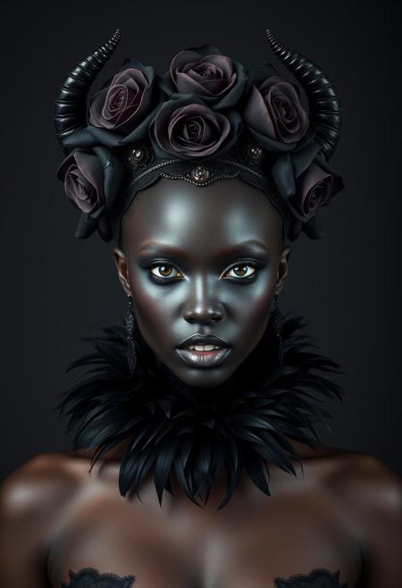 Medium shot, Symmetrical front view of a dark princess, African skin, dark sking, pale lips, vampire fangs, black roses abd horns headpiece, black feathers collar, standing pose, in the style of infernal fasion, otherworldly beauty, infernalpunk, queencore, ornamented age aesthetics, coal and black, photography studio style