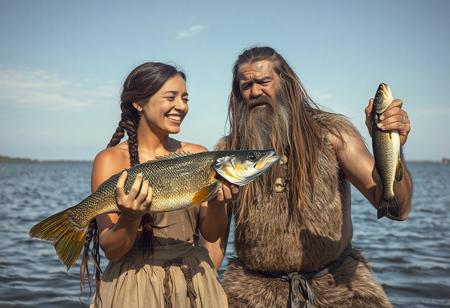 Vintage photo, best quality, 20yo cavewoman with braided hair, she’s holding a large walleye vertically, laugh on face, with a 45yo, (caveman, crying expression,long hair, short beard), (holding  a very tiny fish vertically), on lakeshore, clothed in deerskin tunic, realistic skin textures