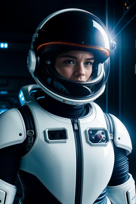 A space pilot, a face of determination, adorned with white futuristic gear, embodying humanity's journey, ultra detailed, beautiful and aesthetic, masterpiece, best quality, recruitment poster, lcd screens, loose wiring, exposed cables, face detailed, skin detail,