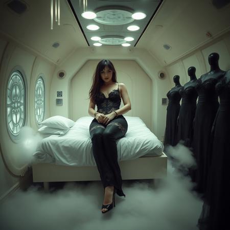 Ethereal, slender, ultra thin waist, tall, raven-haired Norwegian socialite wearing stunning black lace trouser suite and high heels, laying inside weird aliem MRT-like braimwashing machine, hand cuffed to the bed, ankles cuffed to the bed. Restrained. Looking to the camera. Eeire fog from the floor. A coterie of black, Victorian-era mannequins, draped in tattered, luxurious wedding black bridal ball-gowns. Horror. Alien spaceship mind control chamber. Sci-fi. Horror. Total recall