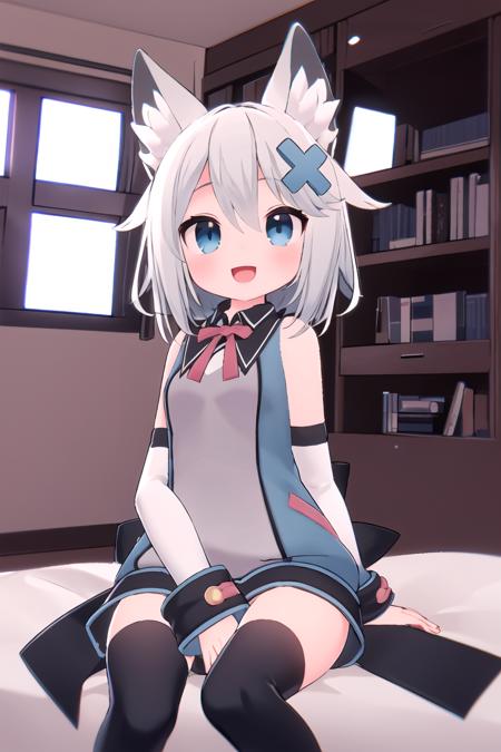 virtual youtuber, white hair, grey hair, hair between eyes, bangs, blue eyes, animal ears, animal ear fluff, tail, fox ears, fox tail, hair ornament, x hair ornament, dress, thighhighs, black thighhighs, sleeveless, detached sleeves, long sleeves, sleeveless shirt, bare shoulders, bow, boots, thighhighs under boots,