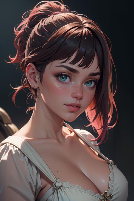 (masterpiece, best quality, highres, high resolution:1.2), extremely detailed, realistic, intricate details, 1girl, solo, looking at viewer, portrait, clamEmma, <lora:clamEmma:0.6>, cleavage, smile, side-swept bangs, black hair, pink IncursioDipDyedHair, messy mid ponytail, green eyes, thick eyebrows, freckles, <lora:DipDyedHair:0.8>, <lora:weight_slider_v2:0.25>, (cinematic lighting, bloom, volumetric),