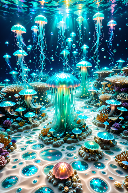 A surreal underwater realm where coral castles drip with glowing pearlescent syrup,jellyfish float like silk lanterns above a pearly sand floor,and luminous mermaids paint ocean currents with swirling trails of light and flowing pigments,magical realism,photoreal style,intricate lighting made of l1qu1dp34rl,pearlescent,flowing through bioluminescent coral reefs,iridescent bubbles rising in turquoise water,hyper-realistic translucency,pearlescent,
Masterpiece,best quality,hi res,8k,hi res,8k,award winning,(sharp focus, intricate, highly detailed),<lora:SDXLFaeTastic2400:0.4>,<lora:liquidpearlXL_r1:1>,<lora:TrendCraft_The_Peoples_Style_Detailer-v2.1A-3_12_2025-SDXL:0.8>