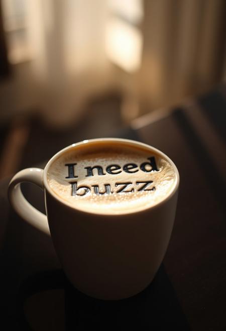 a cup of hot coffee, The coffee foam forms the text "I need buzz", morning light, perspective, soft light, deep of field, boqué
