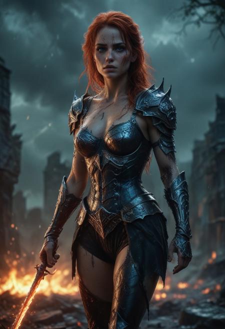 Ultra detailed digital art masterpiece Warrior girl dressed in a iron Armor, Standing on a bloody and stormy battlefield, standing in combat pose, dark fantasy medieval Town, perfect lighting, beautiful Warrior cute girl, attractive woman, elegant, sinewy athletic body, unreal engine 5 nanite quality, mixed with dark elements, dark environment, very dark night, clean dark velour witch clothing, LOTR style, dark washed out eyeliner, no make up, natural bloody face, realistic blue eyes, ultra detailed atmospheric details, beautiful glowing effects, sparkle effects, realistic body proportions, beautiful face proportions, complex masterpiece, wavy red hair, creative glowing detailed tattoos, complex physics, enhanced colors, complimentary colors, ultra detailed raytracing reflections, Ultra detailed complex background, environment feels alive, direct eye contact, dramatic lighting, wet and sweaty skin, beautiful firm Breasts, Concept art portrait by Greg Rutkowski