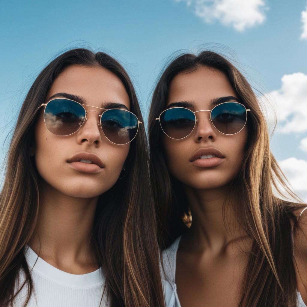 A snapshot-style photo of two 20-year-old Brazilian girls with long hair. They both have their eyes open and are wearing sunglasses. The girls are standing against a blue sky background. The photo has a crisp and delicate quality. The image is stylized with a 750 intensity and a 6 brightness.