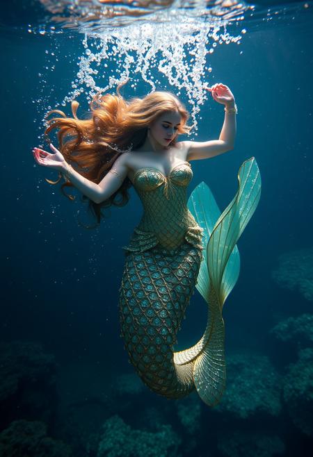 Mystical ethereal siren mermaid swimming deep in the ocean abyss surrounded by elements of gold silver and (iridescent) colors. Beneath her are small diamonds and pearls captivating masterpiece whimsical depth, photography, underwater, hyper realistic, ultra detailed