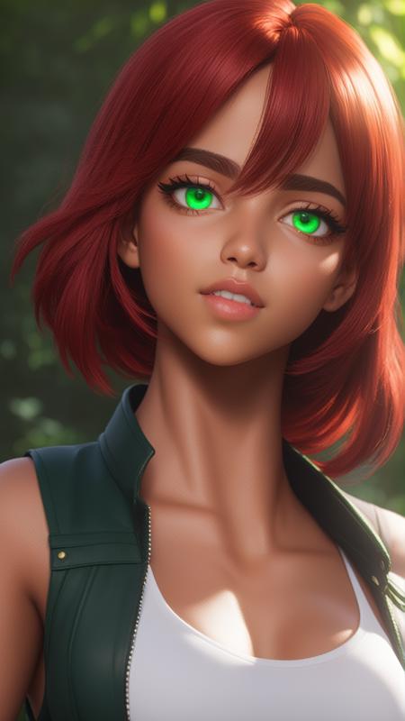 lipbite, (dark tanned skin:1.5), (underboob:1.2), (((1woman))), (short red hair:1.2), (the most beautiful green eyes:1.2), (tomboy:1.2), (abs:1.2), 8k, Unreal Engine 5, octane render, trending on pixiv, fanbox, skeb, masterpiece, detailed face, smooth soft skin, big dreamy eyes, beautiful intricate colored hair, anime wide eyes, soft lighting, concept art, digital painting, <lora:Lip_Bite_Concept_SDXL:0.7>