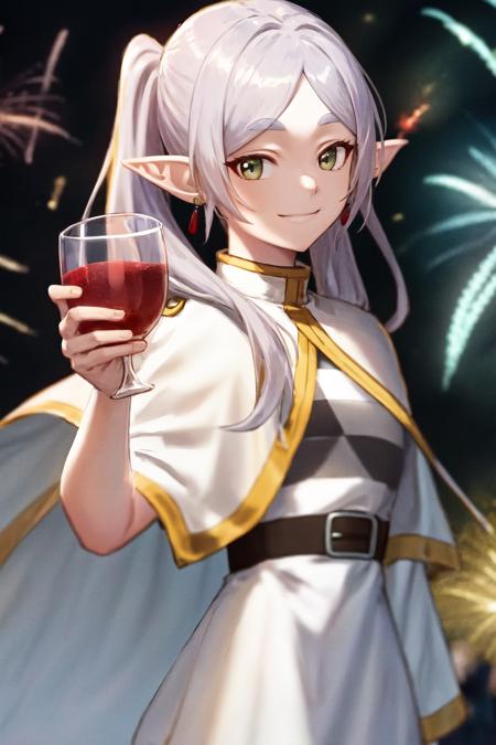 smile holding cup drinking glass fireworks