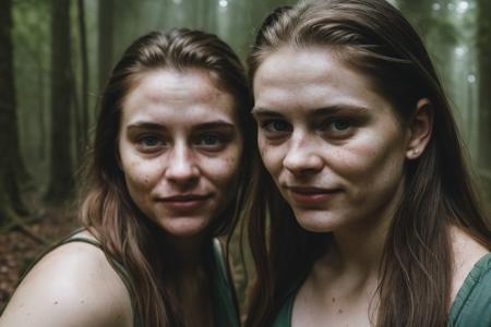 hyper realistic photograph, film grain, Kodak portra 800, f1.8, close up of two beautiful 18yo orc women,  walking through a dense forest, haze,  fog, dim diffuse light, detailed faces, beautiful faces, beautiful eyes, piercing eyes, gaunt, tired, dehydrated, crazy smile, unhinged, psychopathic
