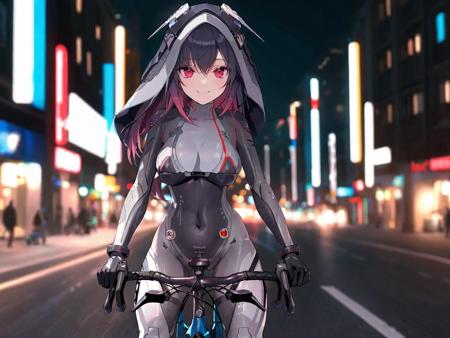 (1girl:1.2),(solo:1.2),masterpiece,best quality,highly detailed,best quality,photo realistic,depth of field,highres,extremely detailed wallpaper,third-party edit,<lora:LyraLoraXL:1>,(seductive smile:1.5),extremely detailed bodysuit,covered navel,red eyes,(riding a bicycle in the night city:1.3),