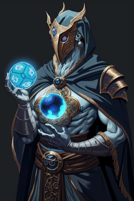 a filigree giant [metal|man|machine|shadow] creature with a blue orb core in chest, cloak, metal mask, dnd style, horror \(theme\),