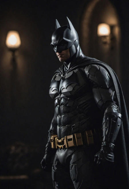 cinematic photo (the batman), . 35mm photograph, film, full body, bokeh, professional, 4k, highly detailed, realistic, detailed, photo realistic, sharp focus, 8k, Close-up, grim smile, relaxed pose, portrait movie shot, serious, menacing, chiaroscuro style photo, dark background, minimalism, dramatic lighting, professional quality, dull highlights and shadows, natural and  original,