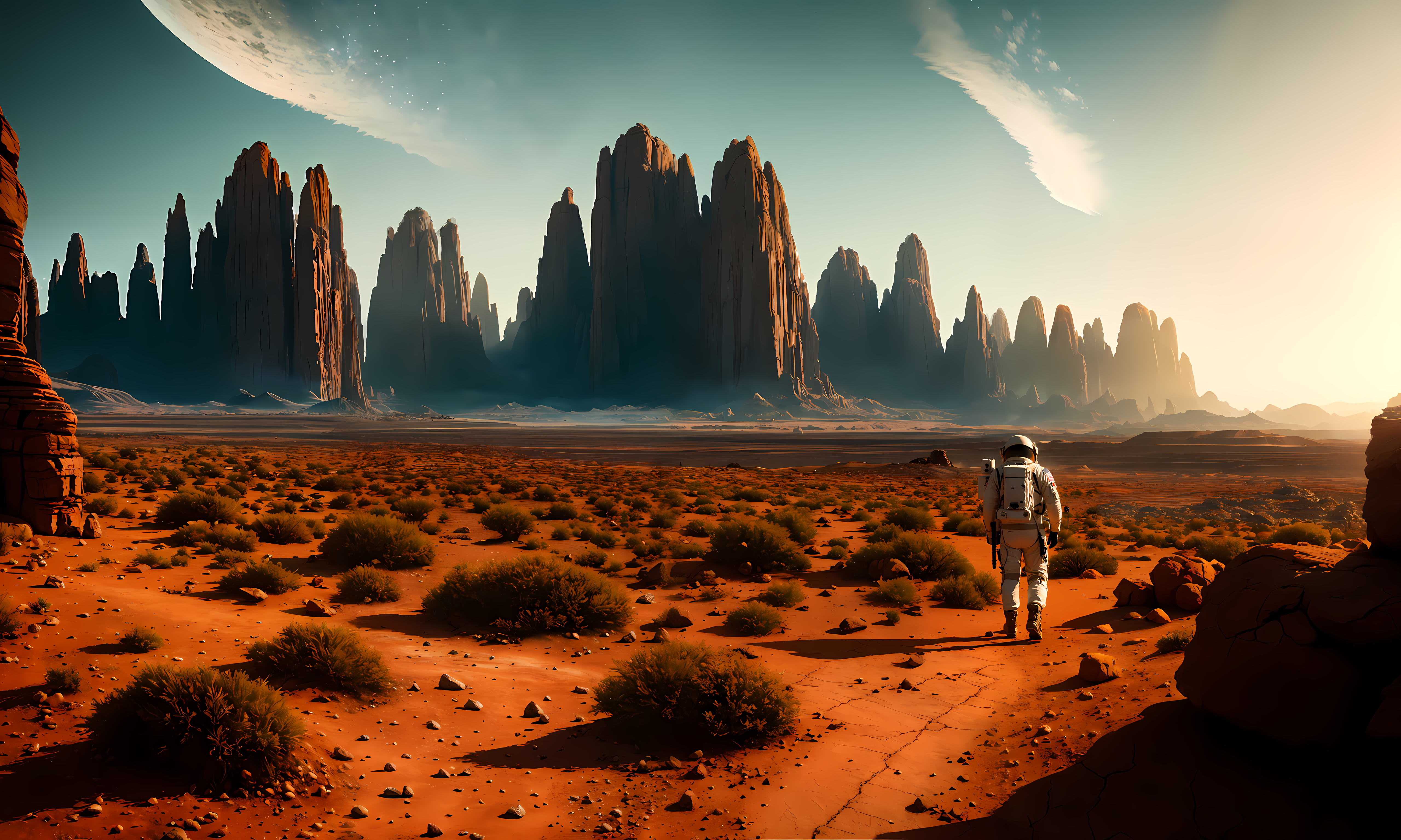 a photo of photorealistic environment American astronaut walking in the distance of desert of rocky grounds of a fiery hel...