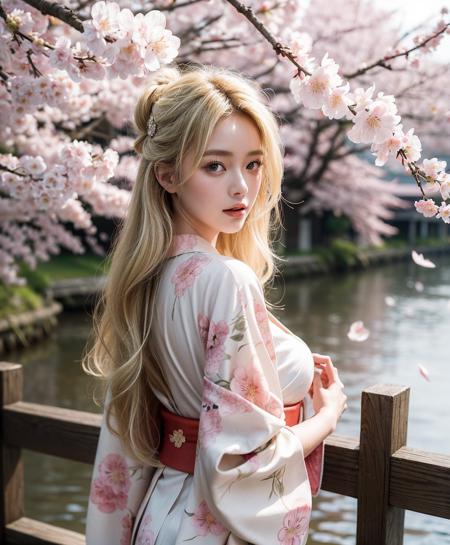 best quality:1.1), (masterpiece:1.2), (realistic:1.2), (detailed:1.1),masterpiece, 1girl, young female,long hair,cleavage,blonde hair,print_kimono,furisode, wind_lift,dusk,outdoor,in spring,falling petals,cherry blossoms,looking_back,looking_at_viewer,dynamic_angle,<lora:add_detail:1>