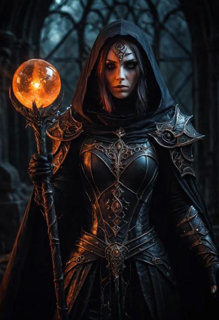 A dark sorceress in gothic armor, her face is a glowing orange crystal, light swirling inside, she holds a staff with a similar glowing orb, wearing a black flowing cloak, intricate armor with glowing cracks on her chest, the setting is dim and atmospheric, soft light filtering through the background, creating an eerie magical vibe, the scene exudes dark fantasy and mysterious sorcery