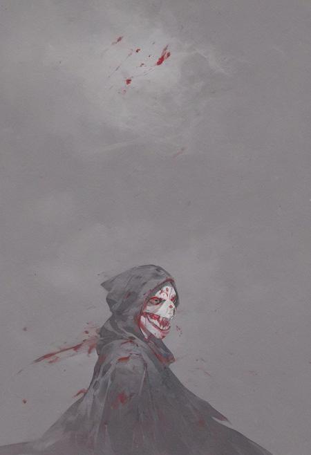 skeletton knight, skull head, blue turquoise eyes, shiny eyes, dark background, from side, coming cloud of smoke, dark smoke, walking, open mouth, dark armor, blood stains, painting, side view, holding a large scythe, black hood, shout, roar, cape,