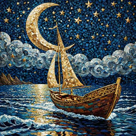 Illuminated ("The moon, a silver boat, sails through the sea of stars, painting dreams on the night sky.":1.2) , Suffering, hillside, Cubism, side lit, Selective focus, Kodachrome, gilded technique, Batik