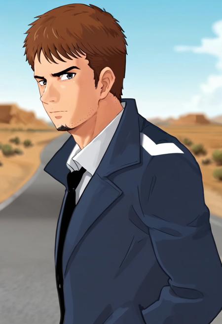 kyle_hyde, smooth anime image, anime screenshot, man, 34 years old, brown hair, stubble, gray eyes, upper body, side view, looking at viewer, hands in pockets, blue jacket, white collared shirt, black necktie, blurry background of road through desert