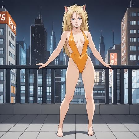 PumaSisters,1girl,blonde hair,longhair,cat ears,blue eyes, yellow leotard,black armor,cleavage,shoulder armor,black chest armor, fingerless gloves, belt,pouch, black thighhighs, knee pads, white boots, orange leotard swimsuit,slingshot swimsuit, nurse_cap,blue dress,long_dress,short_sleeves,white_pantyhose,