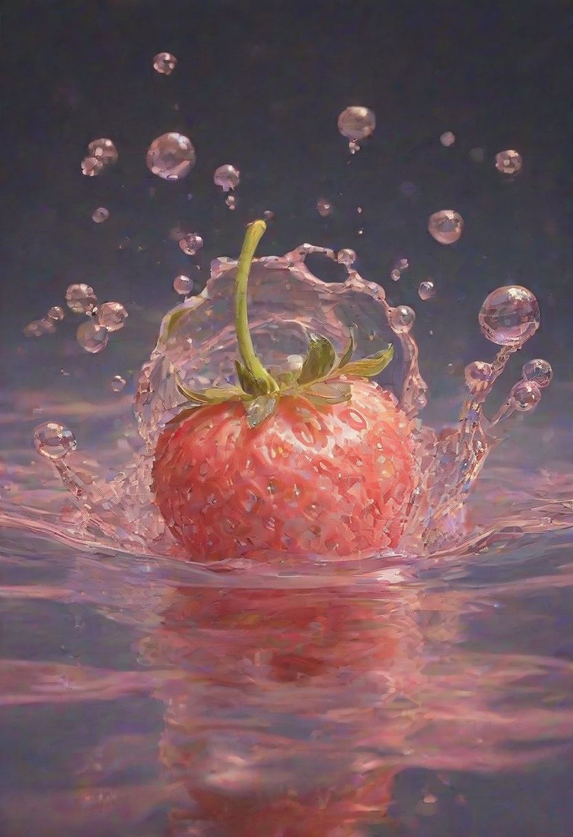 refreshing, vibrant glowing strawberry, floating in the water,  dew drops, pink lighting, glitters in the water, refreshing  , in the style of a product hero shot in motion, dynamic magazine ad image, photorealism, flowing water background, sunshine, sparkling in the water