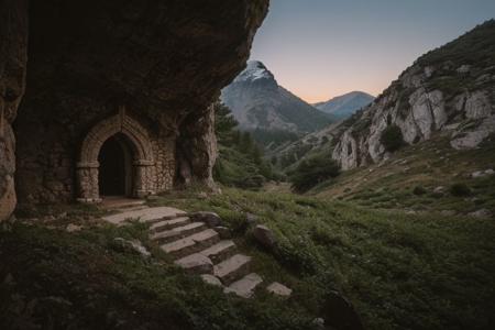 raw photo, a sunset landscape, greek mountains, forested ravine cliffs, cozy, photorealistic, abandoned Towering Stone gateway entry into dark the side of rocky mountain cliff face, (dwarven: 1.39), high fantasy style, high detailed texture, 8k uhd, dslr, soft lighting, high quality, film grain, Fujifilm XT3, Sony A7 IV, highly detailed photography, (muted colors, cinematic, dim colors, soothing tones:1.2), vibrant, insanely detailed, hyperdetailed, (dark shot:1.2), (vsco:0.3), (intricate details:0.9), (hdr, hyperdetailed:1.2) (highest coherency: 1.39) (highest quality: 1.39) (rule-of-thirds) (award-winning) (masterclass) (highest resolution: 1.39) (castle architecture built into cliff: 0.69) (starfort: 1.1) (protruding from hillside) (rounded doorway) (arcane archictecture) (glowing elven celtic knot designs)