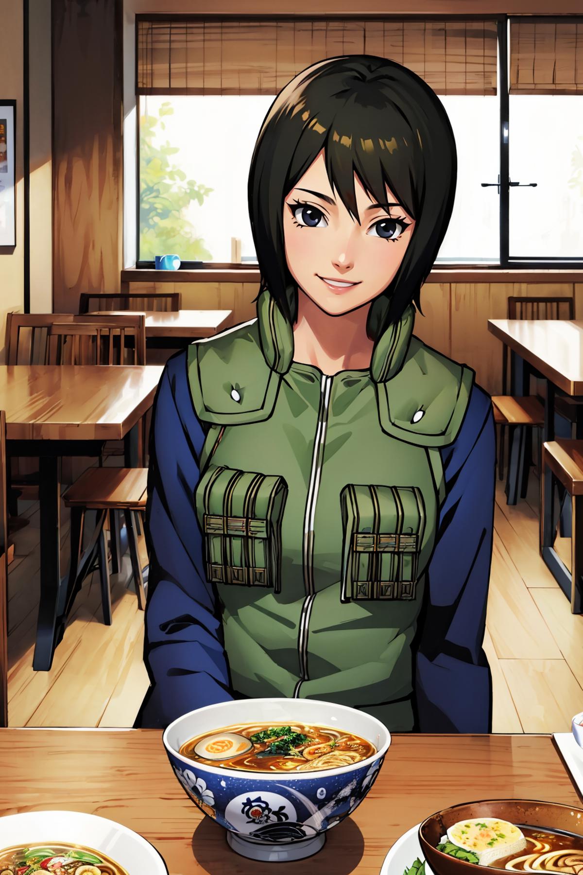 A young girl in a green jacket is sitting at a table with a bowl of soup.
