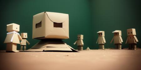 <lora:15Cube:1>levitating cube scenario: a group of cardboard people standing around a pile of papers