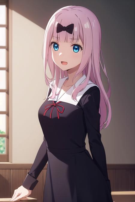 chikafujiwara, <lora:chika fujiwara s3-lora-nochekaiser:1>,
chika fujiwara, long hair, bangs, blue eyes, bow, pink hair, (hair bow:1.2), blunt bangs, black bow, smile, open mouth,
BREAK long sleeves, dress, ribbon, school uniform, collarbone, (black dress:1.2), sailor collar, white sailor collar, red ribbon, neck ribbon, shuuchiin academy school uniform,
BREAK indoors, classroom,
BREAK looking at viewer, (cowboy shot:1.5),
BREAK <lyco:GoodHands-beta2:1>, (masterpiece:1.2), best quality, high resolution, unity 8k wallpaper, (illustration:0.8), (beautiful detailed eyes:1.6), extremely detailed face, perfect lighting, extremely detailed CG, (perfect hands, perfect anatomy),