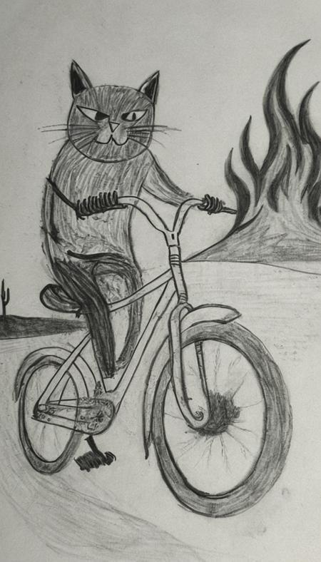 a cat on a bike infront of a wildfire <lora:DD-Drawing-XL:1> black and white drawing