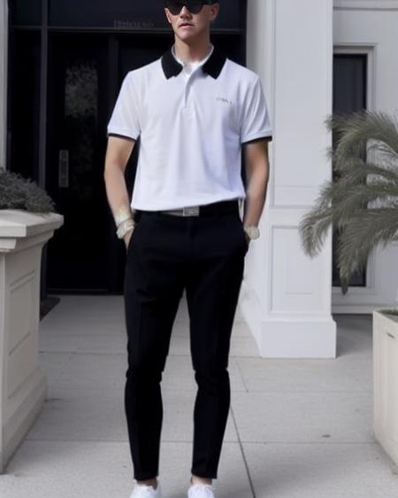 <lora:pinfashion:1> pinfashion tight white collared polo, black pants