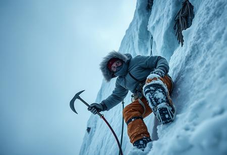 Masterpiece, best quality, high quality, newest, highres, 8K, HDR, absurdres, cinematic lighting, dramatic shadows, extreme weather, frozen landscape, harsh environment, survival theme. a lone climber battles against a brutal snowstorm, ascending a sheer, ice covered escarpment. The wind howls, whipping freezing air against his frostbitten face, his breath coming in sharp, visible exhales. Ice and snow cling to his thick, insulated jacket, the fabric stiff from the relentless cold. His gloves, reinforced for extreme conditions, grip an ice axe, its steel blade buried deep into the frozen wall, while crampons dig into the brittle surface, each movement a calculated fight against gravity. the world around him is a white abyss, the raging blizzard reducing visibility to mere meters. Snow and ice blast his goggles, forcing him to wipe them constantly to keep sight of the nearly invisible route ahead. His harness is secured with carabiners, a lifeline that sways violently in the storm. A second axe dangles from his belt, alongside essential climbing gear, each item vital for survival in this frozen hell. the peak is obscured by swirling snow, an unforgiving summit that demands everything from those who dare challenge it. His muscles ache, his fingers numb, but stopping means death. Gritting his teeth, he drives his axe into the ice once more, pushing through exhaustion and fear. There is no way down only forward.