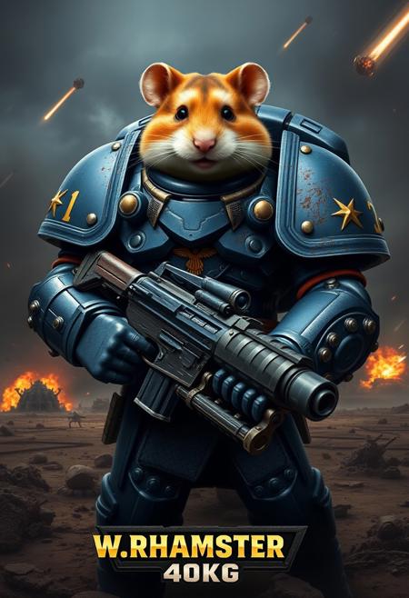 An Ultramarine torso clad in majestic, battle-scarred blue power armor, featuring the iconic gold Aquila and Ultramarines insignia, paired with massive pauldrons and intricate details. His head is that of a photorealistic (hamster:1.1) with detailed fur, whiskers and large beady black eyes. It contrasts absurdly with the seriousness of the armor. In his oversized armored gauntlets, he clutches a massive, futuristic rifle that's comically too serious for his cheerful demeanor.
The background shows a grim dark battelfield with explosion craters on an alien planet and falling meteors.
At the bottom of the image, there is a text that says "WARHAMSTER 40KG" in the usual warhammer 40k logo