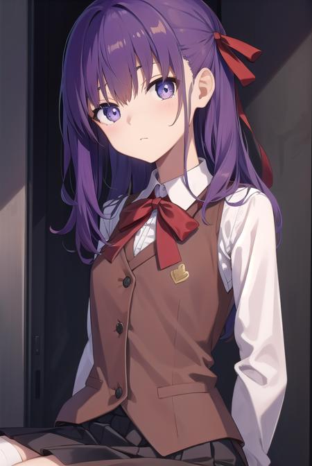 sakuramatou, <lora:sakuramatoutest:1>, sakura matou, hair bow, hair ribbon, long hair, (purple eyes:1.1), purple hair, ribbon, (medium chest:1.2),
BREAK black skirt, brown vest, homurahara academy school uniform, kneehighs, long sleeves, miniskirt, neck ribbon, school uniform, shirt, skirt, socks, vest, white shirt, white socks,
BREAK looking at viewer,
BREAK classroom,
BREAK <lora:GoodHands-vanilla:1>, (masterpiece:1.2), best quality, high resolution, unity 8k wallpaper, (illustration:0.8), (beautiful detailed eyes:1.6), extremely detailed face, perfect lighting, extremely detailed CG, (perfect hands, perfect anatomy),