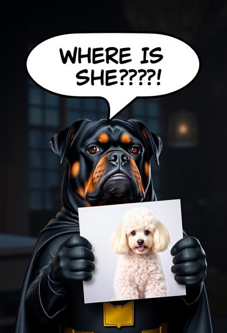 Scene from the batman dark night dog adaptation movie, batdog, the black rottweiler wearing a batman costume barks angrily at the viewer, asking in a bubble "WHERE IS SHE??!", he is holding a picture of a pretty female poodle, showing the picture to the viewer.