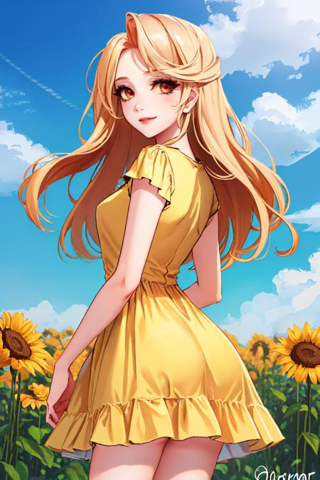 (masterpiece, best quality:1.2), solo, 1girl, charlie morningstar, colored skin, smile, looking back, colored sclera, yellow sundress, flower field <lora:hazbinhotel_morningstar_v11-10:1> <lora:YellowSundress-45:1>