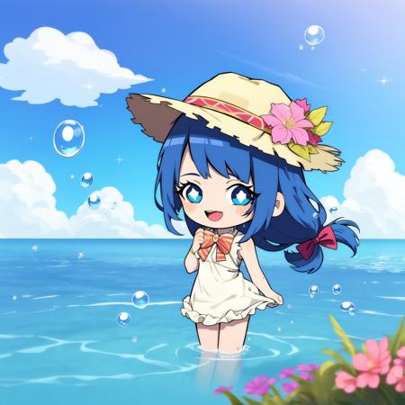 chibi,
a girl with blue hair standing in the water with bubbles and bubbles around her head,and a blue sky background with clouds and flowers,and a blue sky with bubbles,bubble,cloud,water drop,sky,day,1girl,blue sky,cloudy sky,?,ocean,water,air bubble,solo,long hair,outdoors,open mouth,smile,sleeveless,blue hair,blue eyes,partially underwater shot,splashing,dress,horizon,:d,1girl, blue eyes, solo, blue hair, open mouth, smile, sky, long hair, monster girl, :d, dress, liquid hair, looking at viewer, day, blue sky, bow, cloud, water, flower, white dress, blush, bowtie, slime girl, outdoors, very long hair, sleeveless, sparkle, bare shoulders