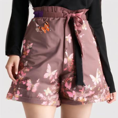 <lora:cuteshorts4:1.0>, (cuteshorts:1.0),  woman wearing, below waist, 1girl, black hair, blush, bow, brown footwear, brown hair, bug, butterfly, floral print, flower, full body, hair bow, hakama, insect, japanese clothes, kimono, long hair, looking at viewer, parted lips, pink kimono, red bow, sitting, solo, striped, striped bow, very long hair, violet eyes, wide sleeves