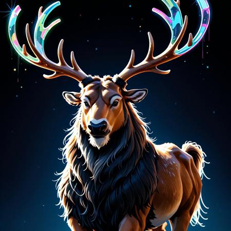 Majestic stag with ((huge antlers made of tiny neon glass filaments)), <lora:World_of_Glass_Filament:0.81> , dark background, highland glade