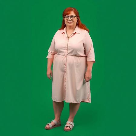 masterpiece portrait of British plus size woman::1.4, Norman Rockwell style::1.2, photographic realism art::1.1
(physical description: full body shot:1.5, mature plus size woman with fair skin and visible wrinkles, long red hair, soft posture:1.1)
(facial features, expression: calm, expressive mature face with relaxed expression and gentle wrinkles, distinctive eyeglasses:1.0)
(clothing details: light-colored collared knee-length shirtdress, possibly pink or peach, modest and flowing fabric, pendant necklace visible at collar:1.0)
(accessories: two-strap velcro sport sandals:0.9)
(background setting: standing in front of a chromakey green background:0.9)
(lighting style: even studio lighting with soft shadows, no color casting:0.8)
(composition and camera framing: full body shot, front-facing, centered in frame:1.0)
(emotional tone or theme: poised and neutral, designed for flexible background replacement:0.9)
(technical execution: high-resolution detail, neutral lighting for editing flexibility:0.8)